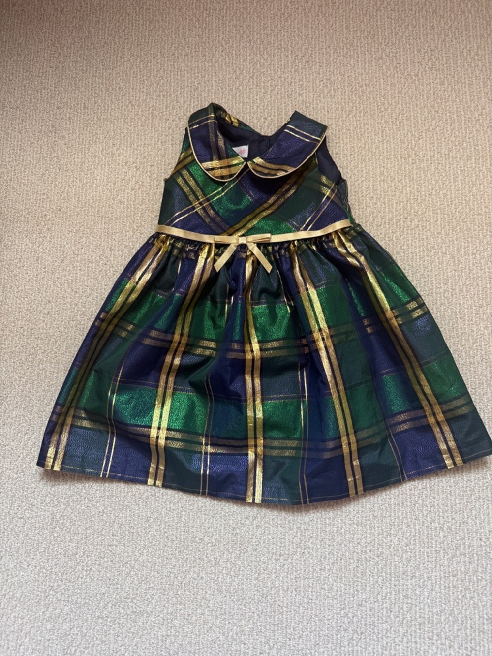 Bonnie Jean Navy and Green Metallic Plaid Dress with Gold Accents